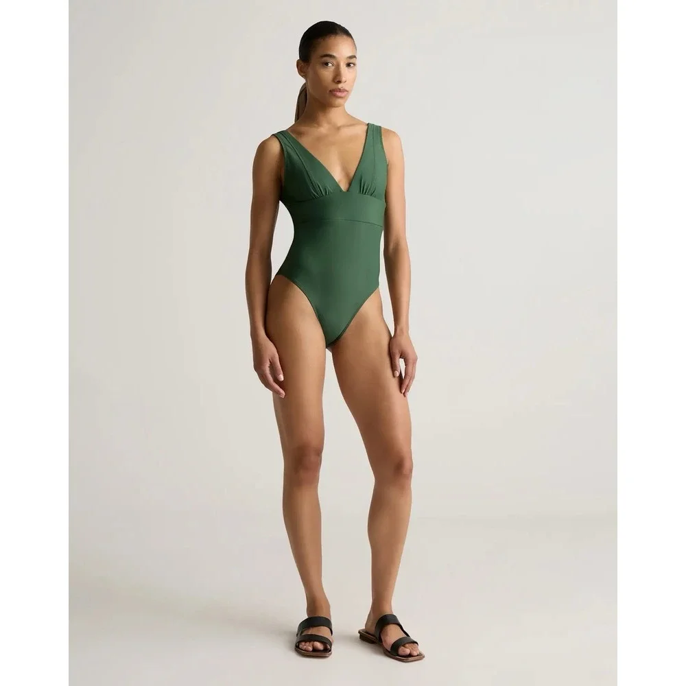 NWT Quince Palm Green Italian Plunge One-Piece Swimsuit Size XL